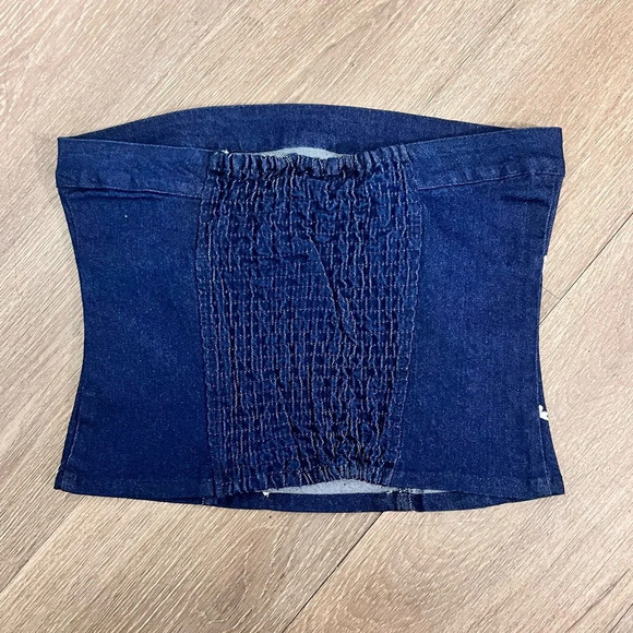 Denim Bustier Top with Embroidered Bows Detail Girly Coquette Barbiecore Size M - Picture 3 of 5